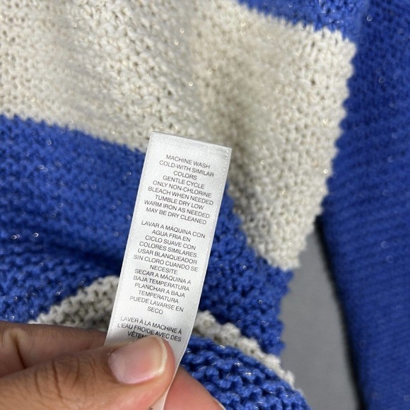 Chico's Sweater Top Size 3/XL Blue Striped Metallic Gold Open Knit Pullover - Picture 10 of 13